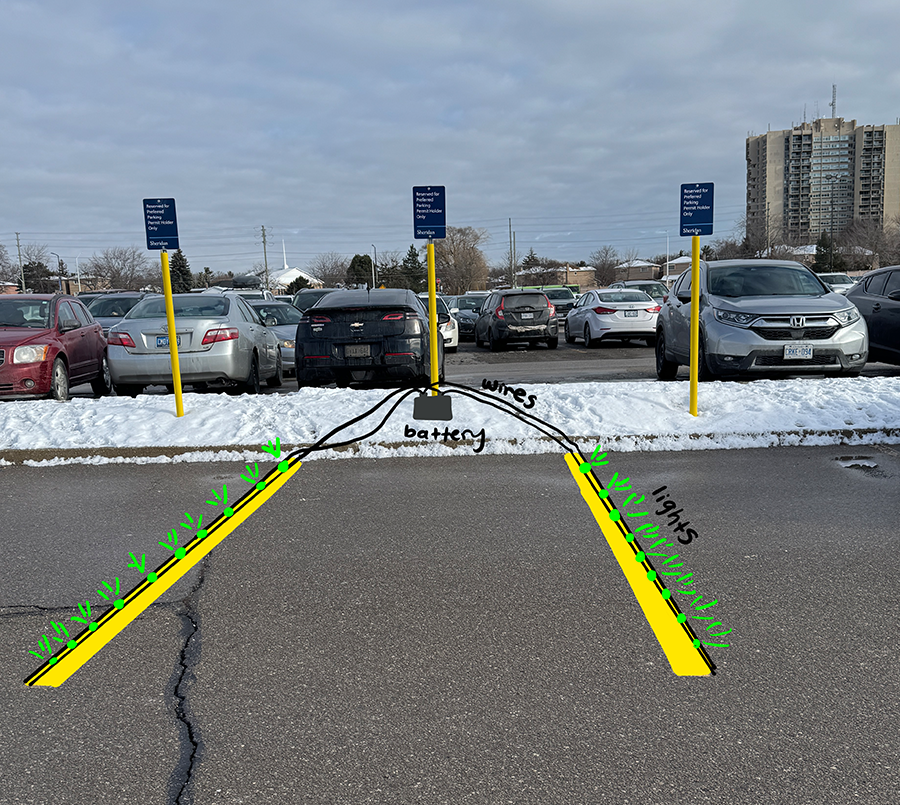 This lights up available parking spaces in green. It is more helpful at night when you can really tell if a space is open or not. Now you can tell from far away if there are any available parking spots.