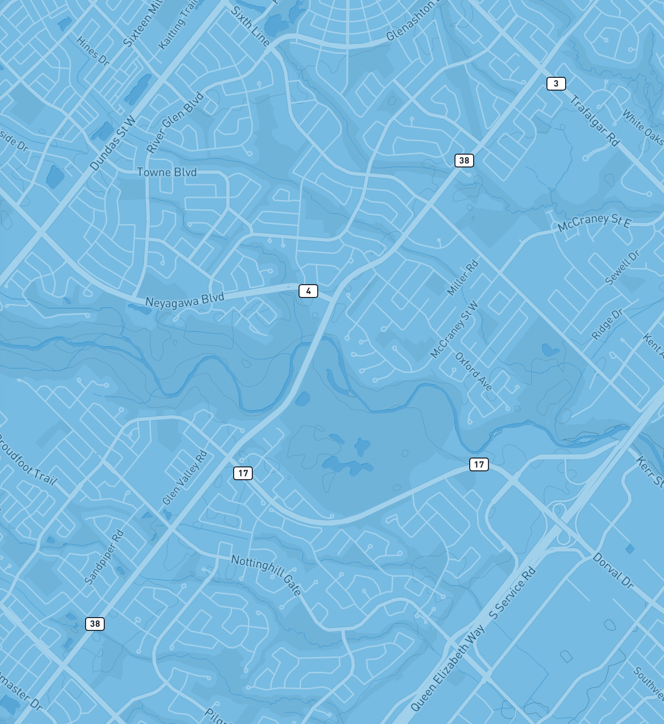 map of Oakville in different shades of blue. 