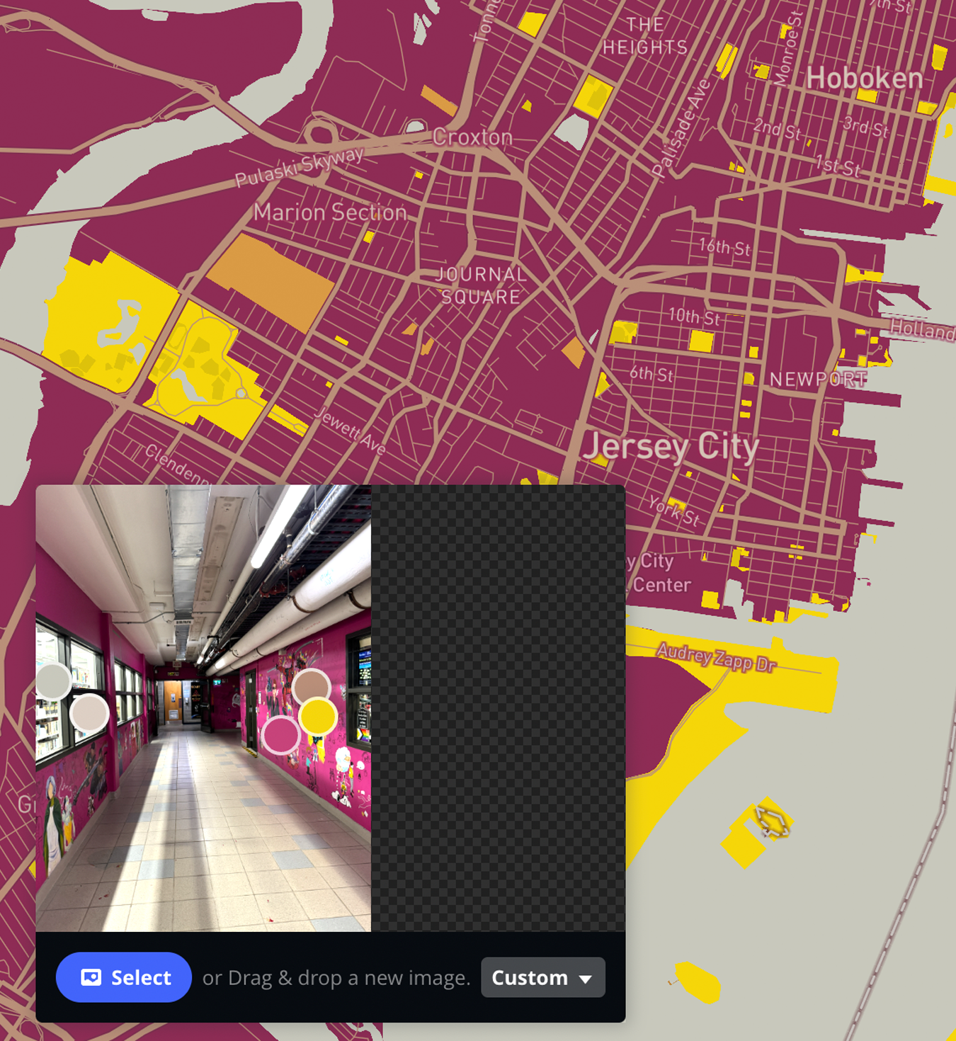 pink and yellow map based on an image of a hallway at Sheridan College