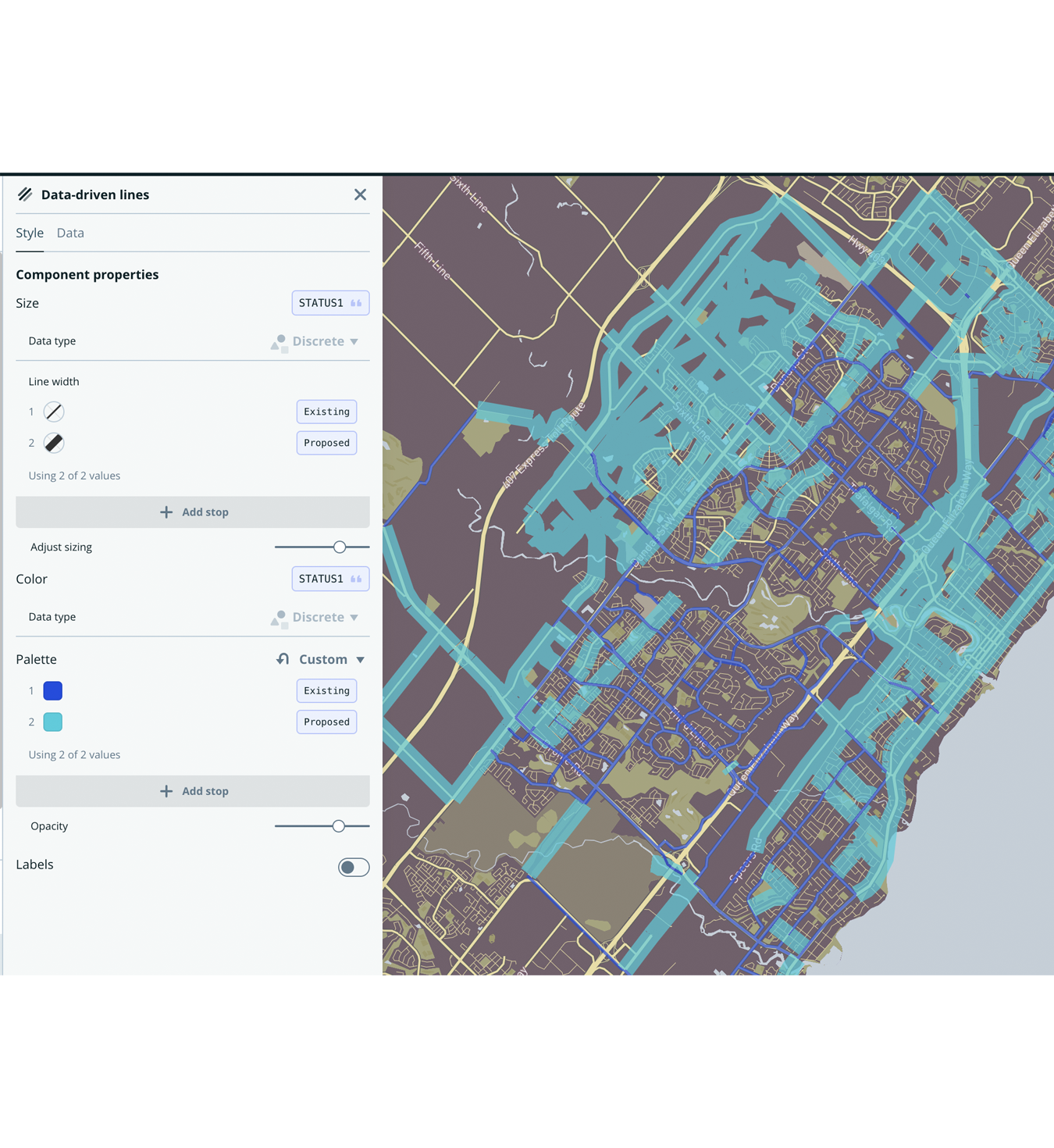 bike lane map in oakville with size changes
