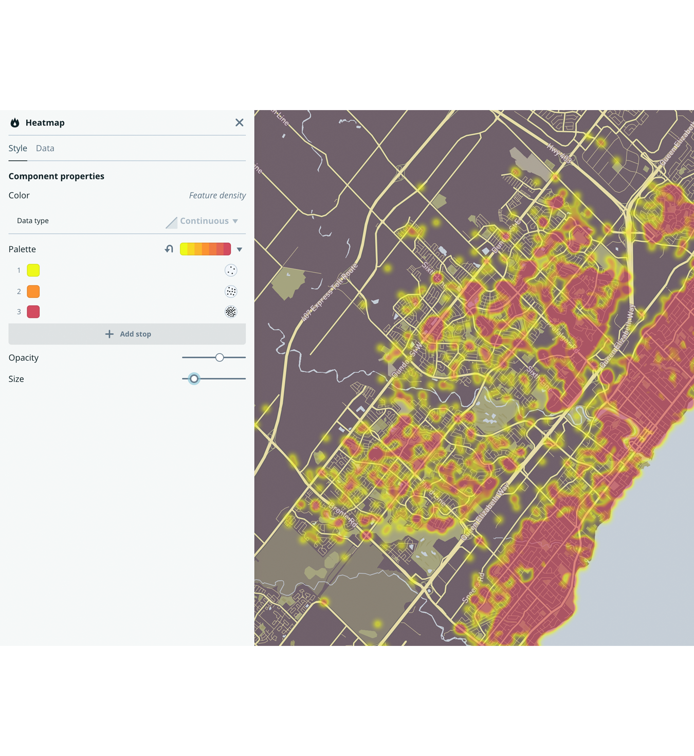 coyote encounter map in oakville shown as a heat map