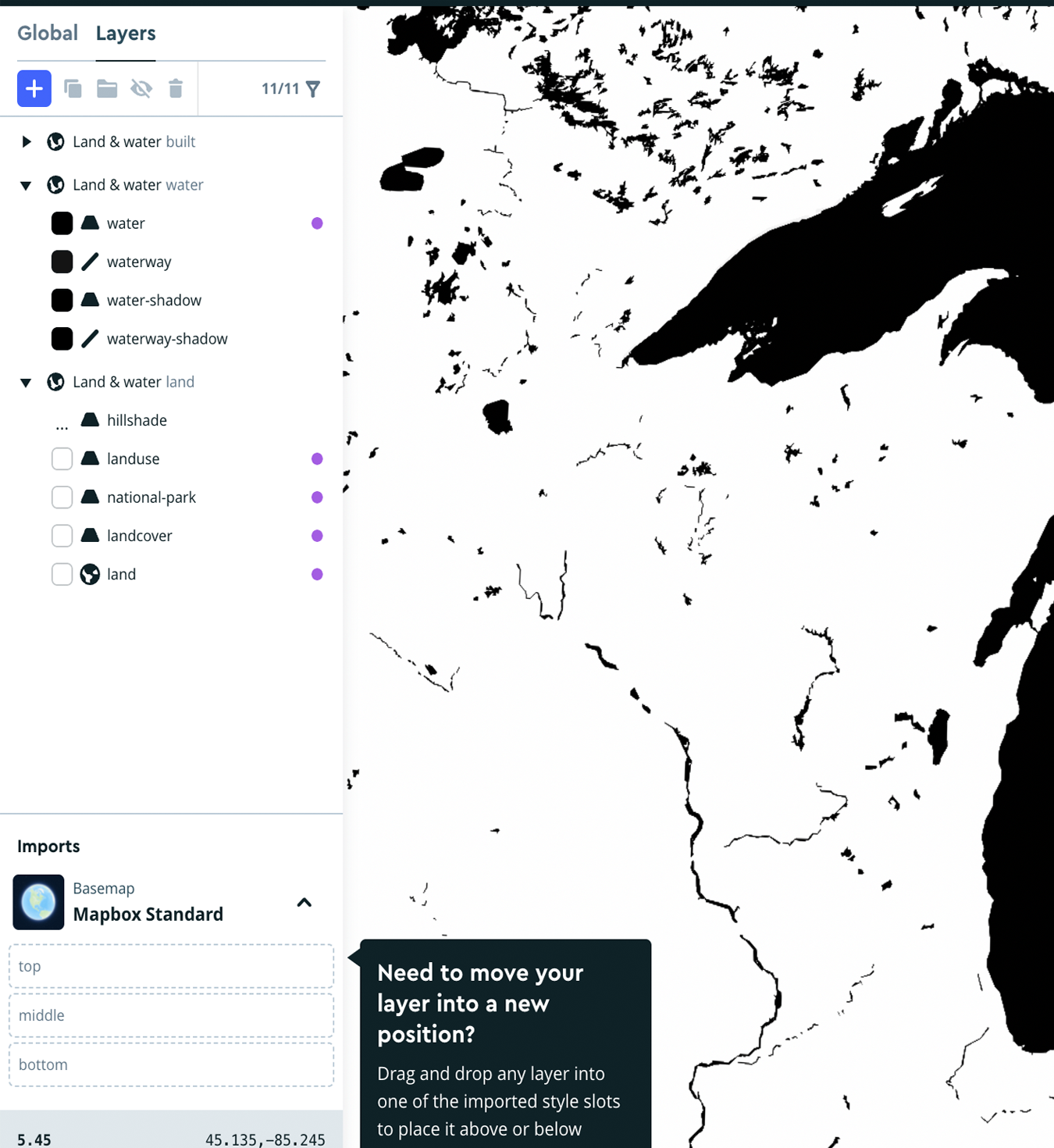 black and white map of great lakes in mapbox