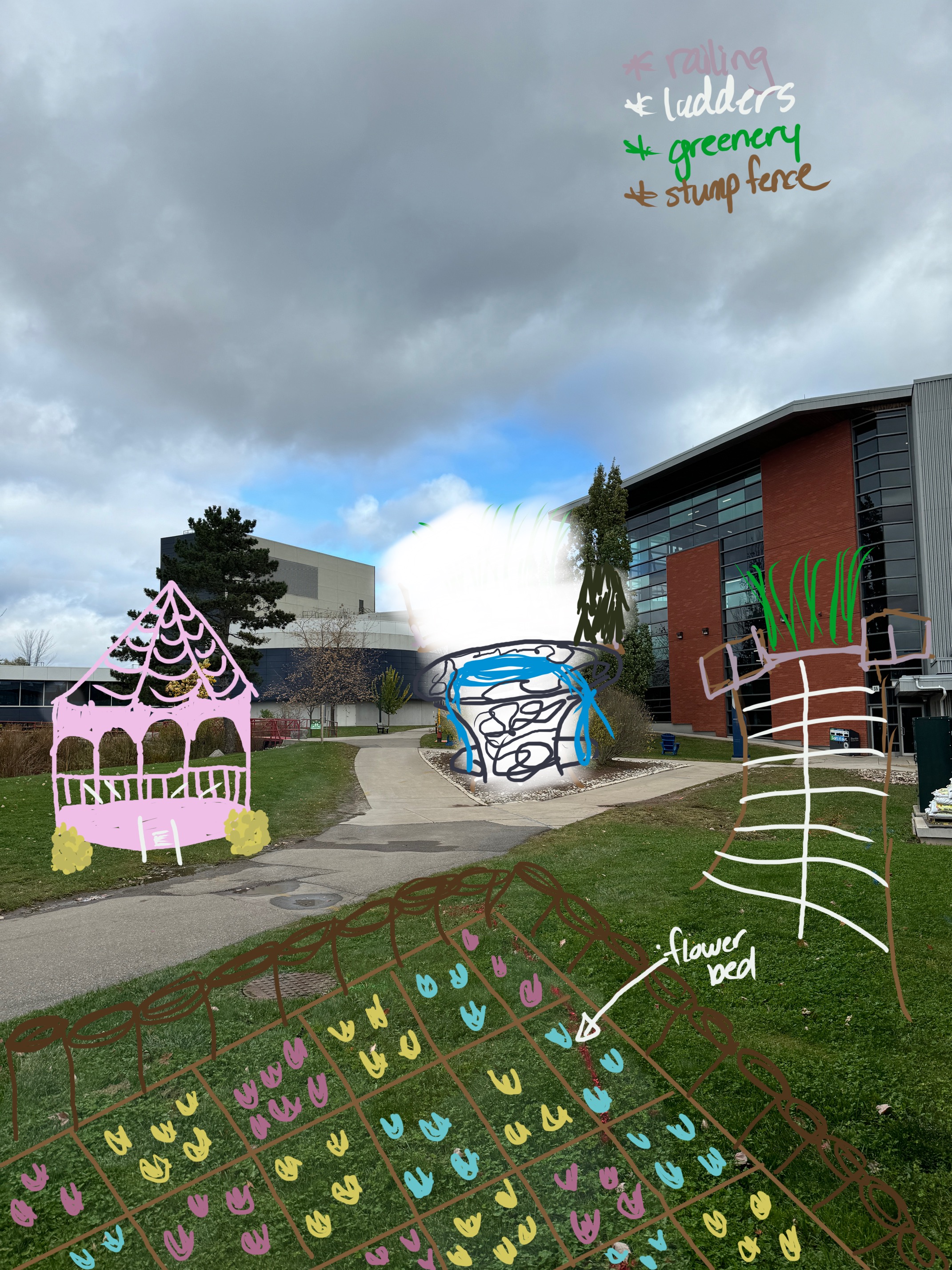 we made a portion of the outdoor campus more fun by adding a flower garden, a gazebo, a water fountain and a tree to climb and study inside. 